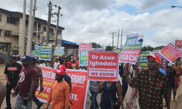 PDP leaders protest Edo governorship election results in INEC office